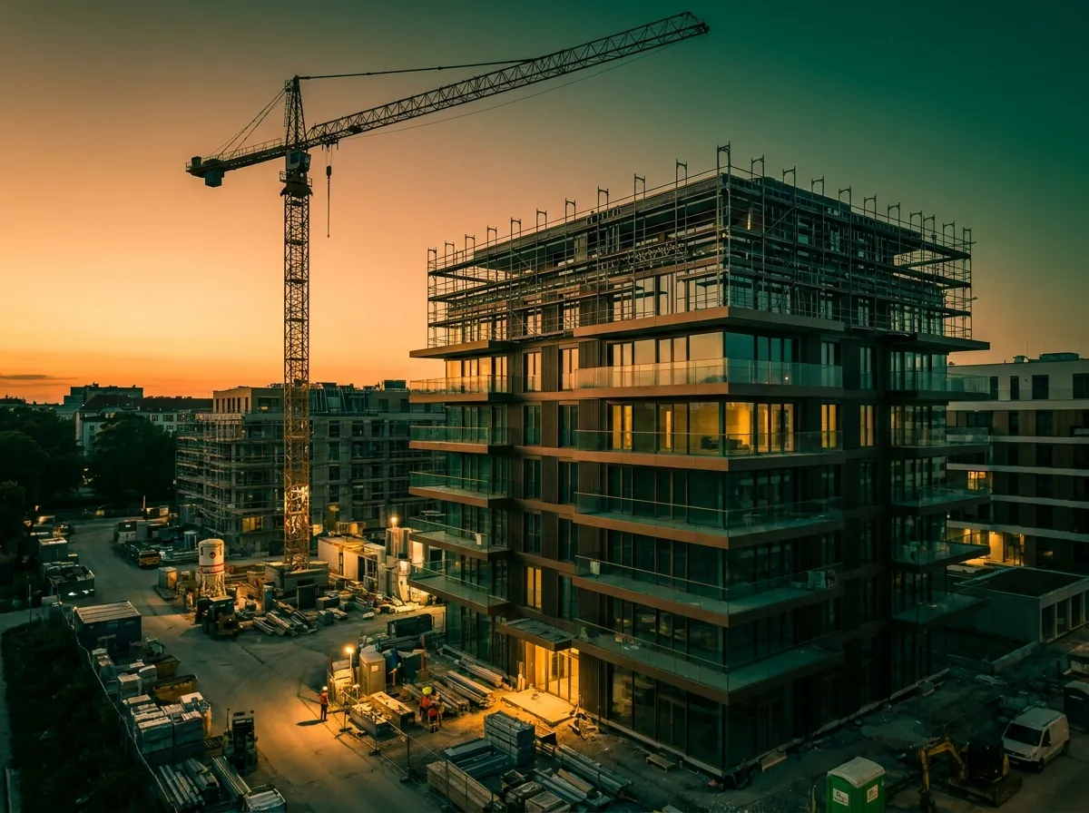 Modernes Wohnbauprojekt in Wien in der Abenddämmerung