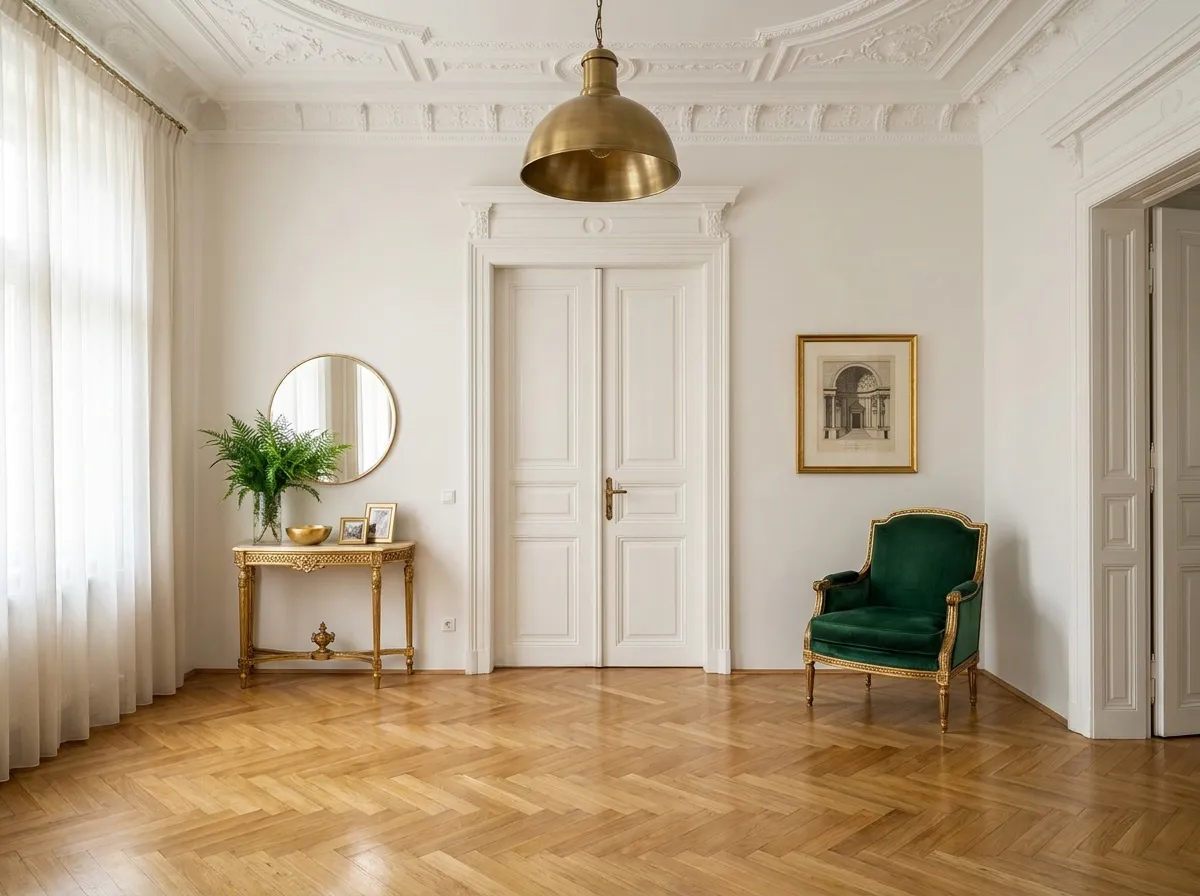 Eleganter Wiener Altbau-Eingangsbereich mit Fischgrätparkett